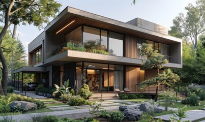 Fototapeta premium Modern Concrete Home with Lush Landscaping