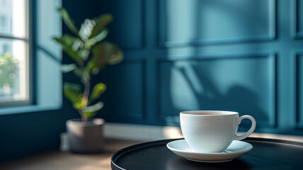 Obraz premium White coffee cup on a table in a stylish interior.