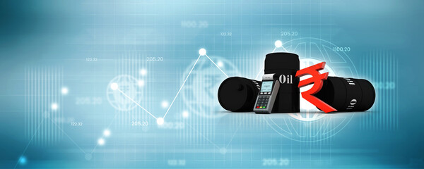 

3d illustration Oil price, Oil Industry concept with Barrel and Indian rupee near Swipe machine 
