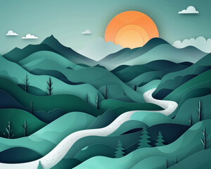 Fototapeta premium Fell - landscape, mountains, river, sunrise, nature, scenic, outdoors, illustration, sun, clouds, hills, peaceful, serene, trees, green, morning