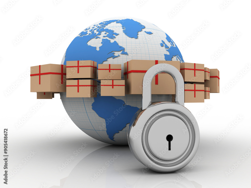 Poster 3d rendering cardboard boxes protected lock