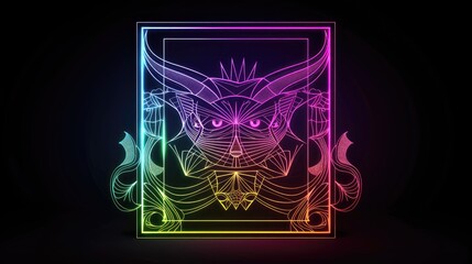 Vibrant neon abstract geometric design resembling an animal figure, set against a dark background. Modern digital artwork in rainbow hues.