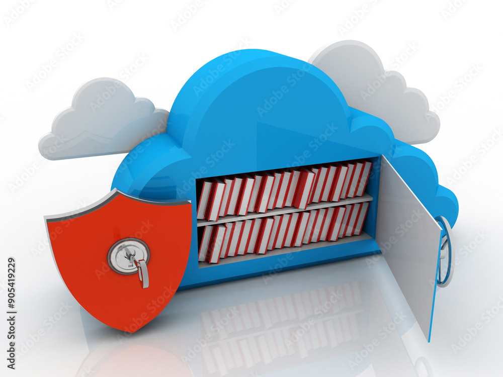 Poster 3d rendering book with cloud shield lock