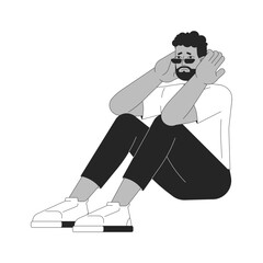 Stressed anxious black man holding head black and white 2D line cartoon character. African american bearded guy unhappy isolated vector outline person. Anxiety attack monochromatic spot illustration