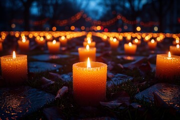 Candles Illuminating a Pathway in a Tranquil Outdoor Setting at Dusk