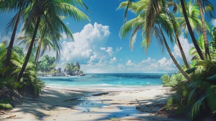 Beach surrounded by tall palm trees, with leaves moving to the rhythm of the wind. generative ai