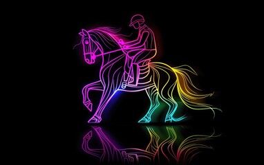 Vibrant neon outline of a horse and rider against a black background, showcasing vivid colors in an abstract digital art style.