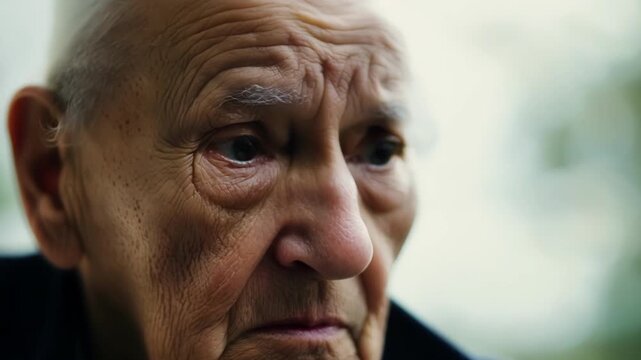 With a furrowed brow and a quizzical expression the face of an elderly person suggests a state of confusion and bewilderment.