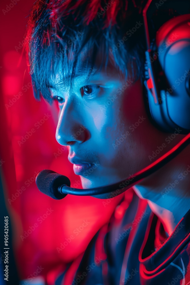 Aufkleber A man wearing a headset is looking at a computer screen. The image has a moody and intense feel to it, as if the man is in the middle of an intense gaming session