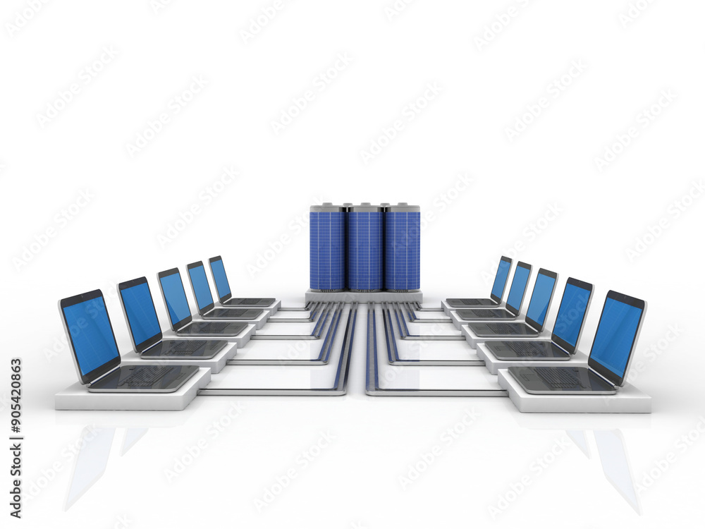 Poster 3d rendering technology computer network with battery