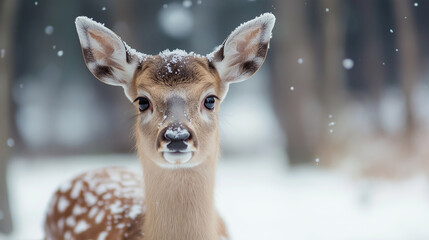 Close-up of young deer in snowy forest. Winter wildlife scene with snowfall. Christmas and nature concept. Suitable for greeting card, invitation, poster, and wildlife photography.