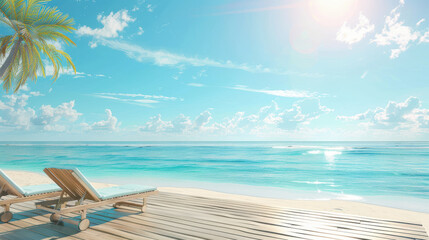 Obraz premium Beach holiday platform with sunbeds, sea, and a bright sunny sky.