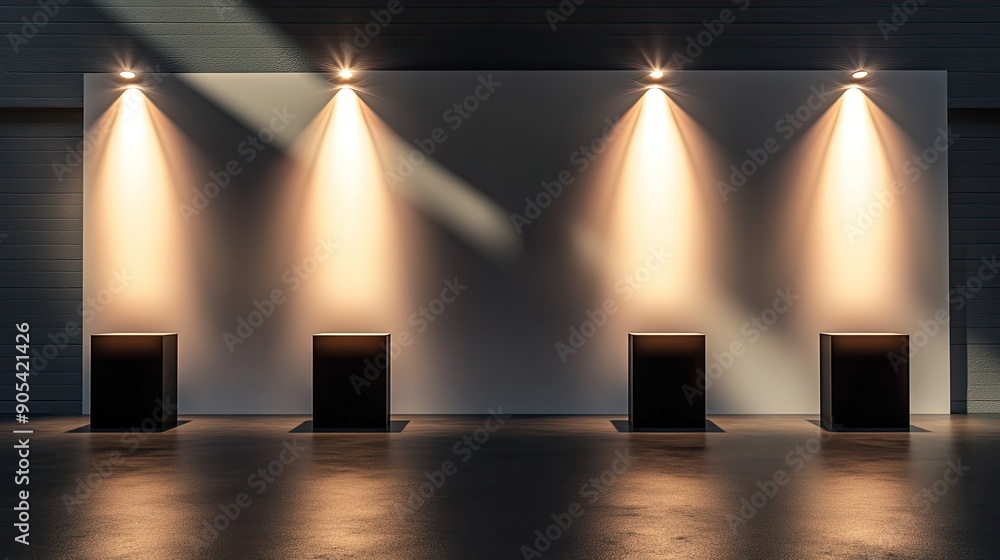 Poster abstract image of spotlight-illuminated empty display stands, capturing the striking contrast and em