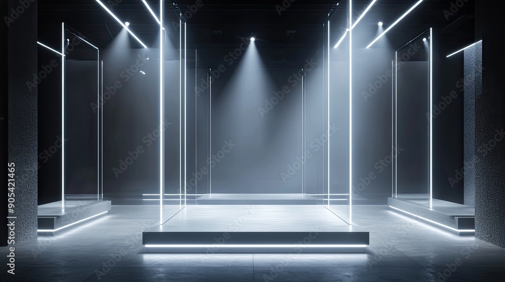 Poster abstract image of spotlight-illuminated empty display stands, capturing the striking contrast and em