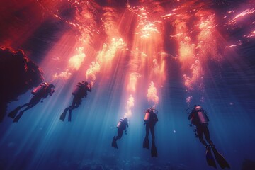 Divers in full scuba equipment performing tasks underwater for marine operations