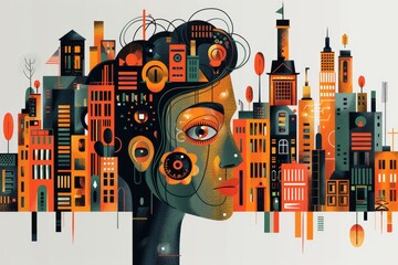 Abstract Cityscape with Woman's Face