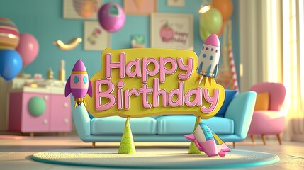 A colorful room with a sign that says Happy Birthday