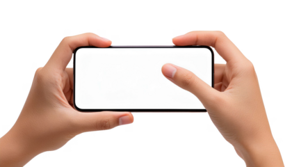 Hands Holding Smartphone Horizontally with Blank Screen cut out isolated transparent PNG