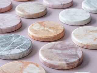 Close-up of round marble coasters in assorted colors and veining patterns, showcasing natural stone textures and elegant home decor accessories.


