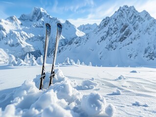 A pair of ski poles resting on fresh snow in panoramic winter scene with snow mountains