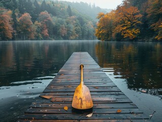 A rowing oar lying on a wooden dock with a lake and forest  in the background