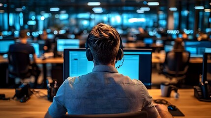 Back View of Customer Service Representative at Busy Call Center Office