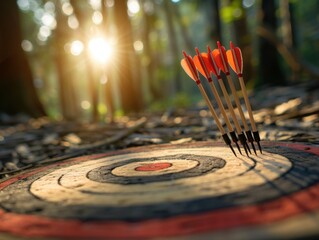 A set of archery arrows lying on a target board in a park