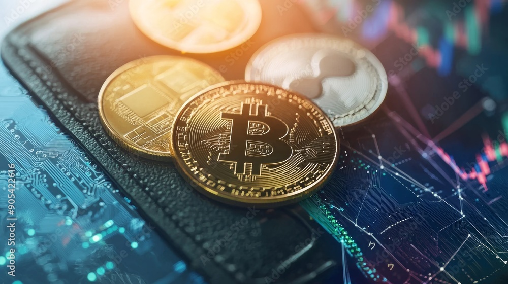 Poster a wallet with a few coins and a bitcoin coin