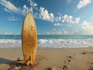 A  sandy beach with surfboards and the ocean in the background