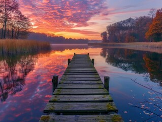 How about: Calm lake at sunrise and sunset with reflections on the water and a wooden pier
