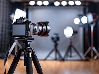 Digital video camera on a tripod