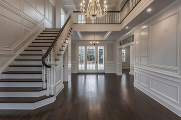 Obraz premium Empty interior with stairs. Straight staircase with railings in an empty room. 3d render. 3D Illustration