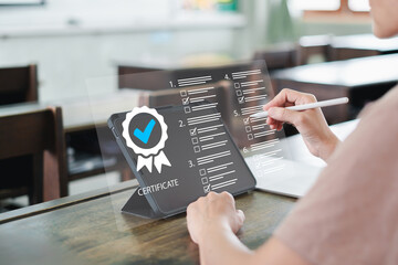 Exam-level test to obtain educational certificate online concept, Women use tablets to check marks...