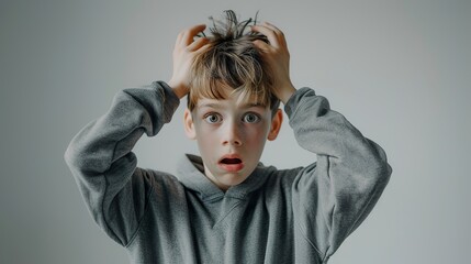 A boy in a gray sweatshirt is holding his head with both hands, his expression one of exaggerated surprise or frustration. The cool gray background emphasizes his humorous reaction