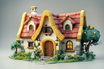 Cartoon Cottage with Lush Garden and Fruit Tree