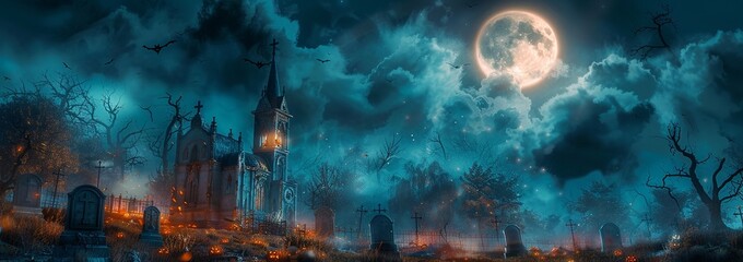Wide web dark horizontal banner with tombstones, ominous clouds, full moon, old church with light in window, spooky graveyard, Halloween concept with copy space. Abandoned cemetery, with Bats and fire