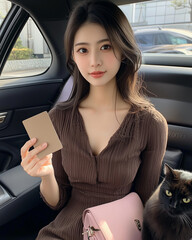 車の中で黒猫と一緒に座っている若い日本人女性のポートレート

