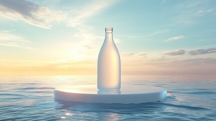 Elegant 3D glass bottle of organic white juice displayed on a floating platform above the water surface, creating a visually appealing ad template that highlights purity and freshness.