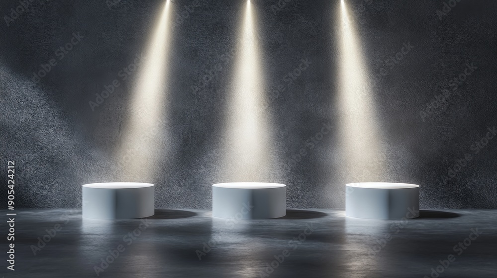 Poster empty display stands under a dramatic spotlight, set in an abstract style. the illuminated stands cr