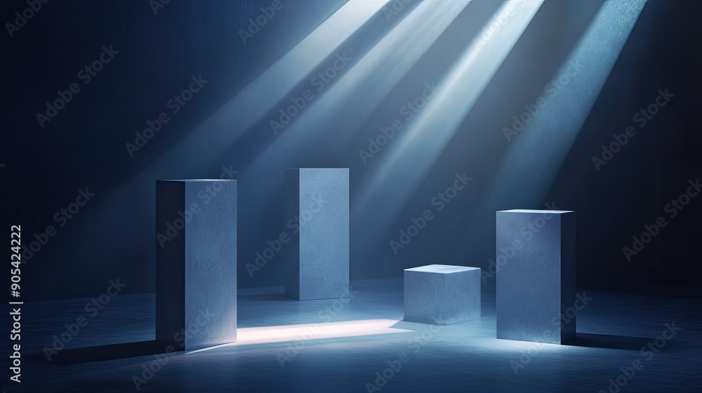 Poster empty display stands under a dramatic spotlight, set in an abstract style. the illuminated stands cr