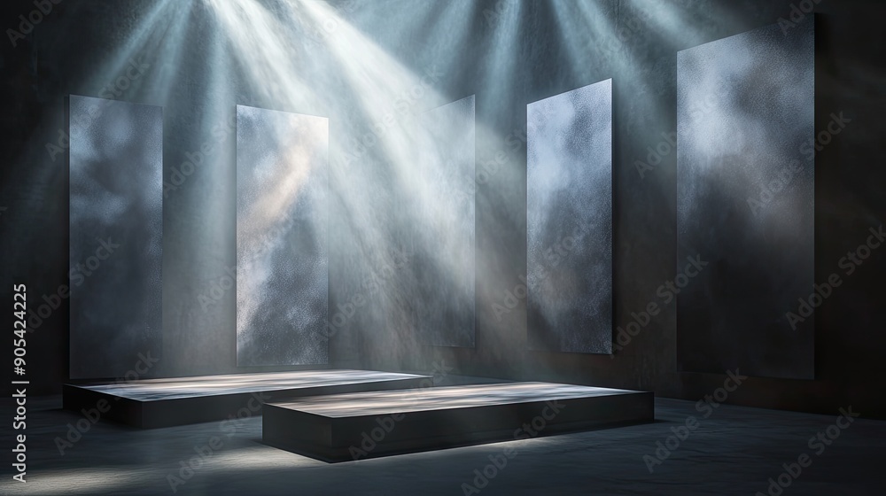 Poster empty display stands under a dramatic spotlight, set in an abstract style. the illuminated stands cr