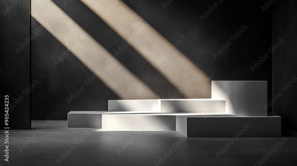 Poster empty display stands under a dramatic spotlight, set in an abstract style. the illuminated stands cr