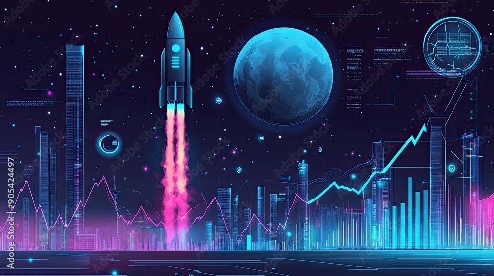 Poster infographic with charts and graphs depicting bitcoin's meteoric growth, featuring a rocket blasting 