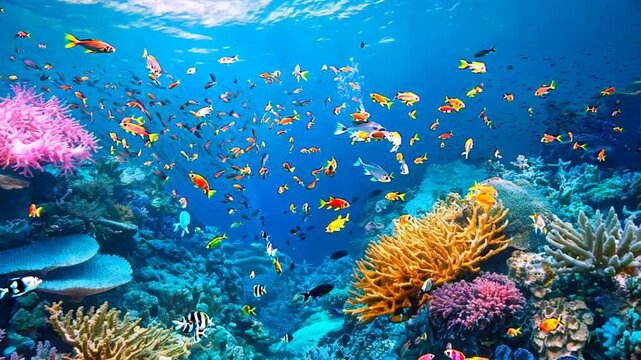 vibrant coral reef teeming with marine life in clear blue water