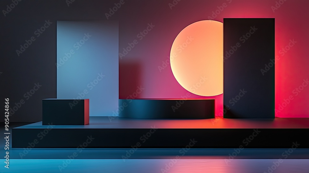 Poster spotlight shines on empty display stands in a striking, abstract style, highlighting their potential