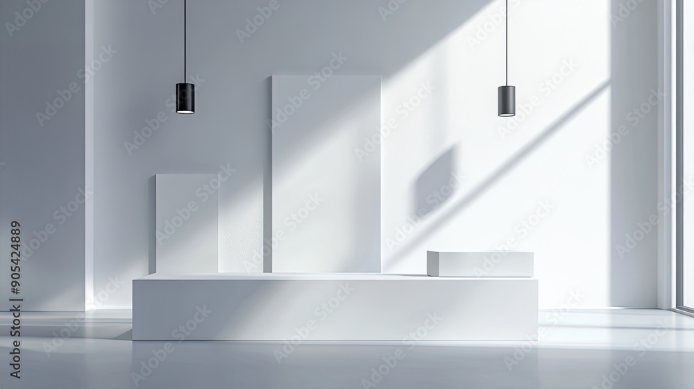 Poster spotlight shines on empty display stands in a striking, abstract style, highlighting their potential