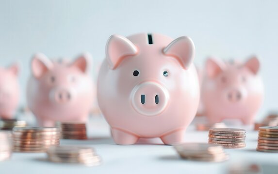 3D piggy bank with a piggy bank army, multiple savings, financial strategy