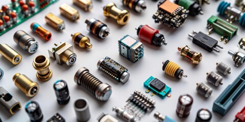 Diverse Electronic Components Assembled: A Close-up View of Microprocessors, Logic Digital Microchips, Transistors, Capacitors, Resistors, and LEDs Isolated on White.