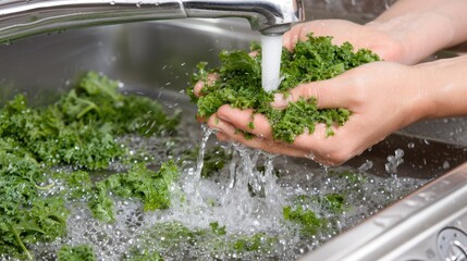 Fresh kale is being rinsed under running water in a kitchen sink, ensuring it is clean and ready for meal preparation