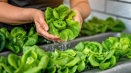 Fresh kale is being rinsed under running water in a kitchen sink, ensuring it is clean and ready for meal preparation
